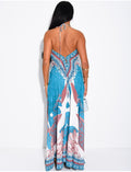 Robe longue dos nu à motifs et perles