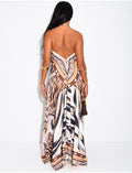 Robe longue dos nu imprimé ornée de strass