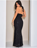 Robe longue en sequins dos nu à nouer