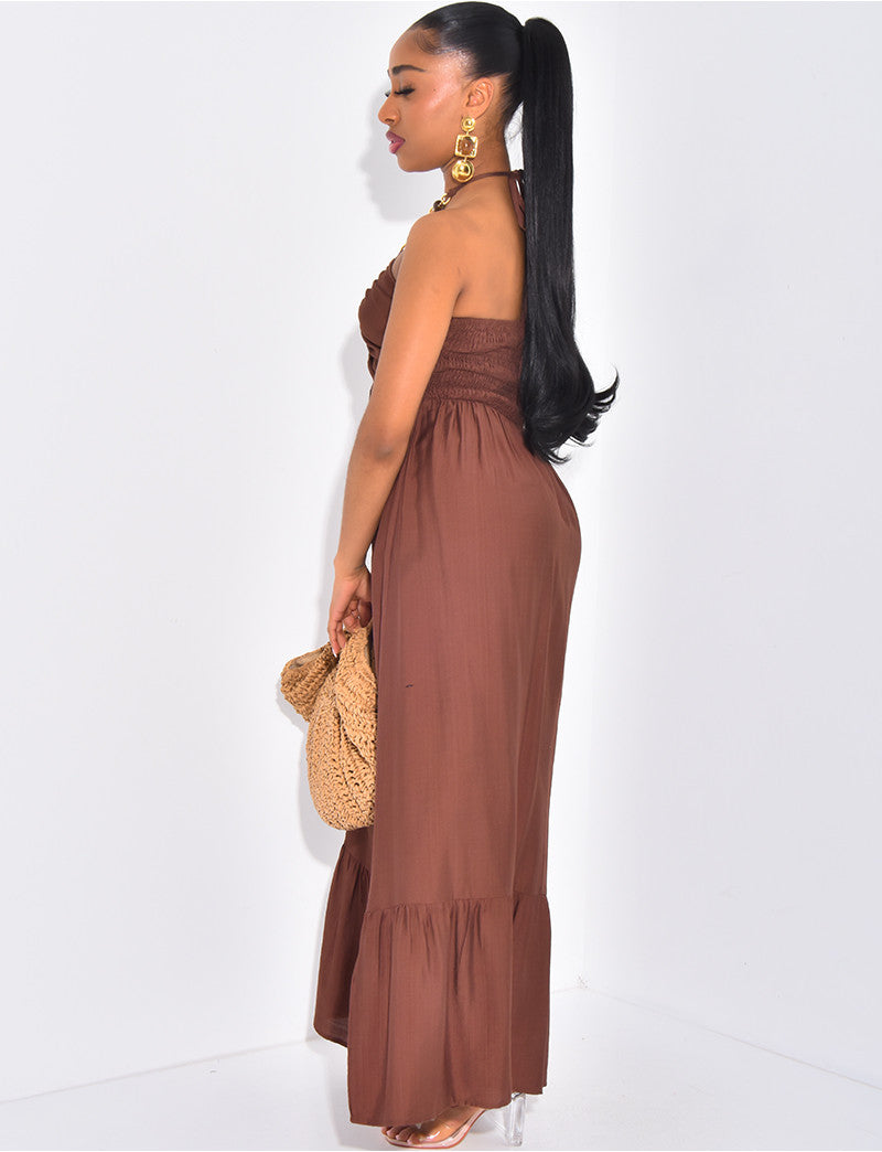 Robe longue évasée à collier intégré