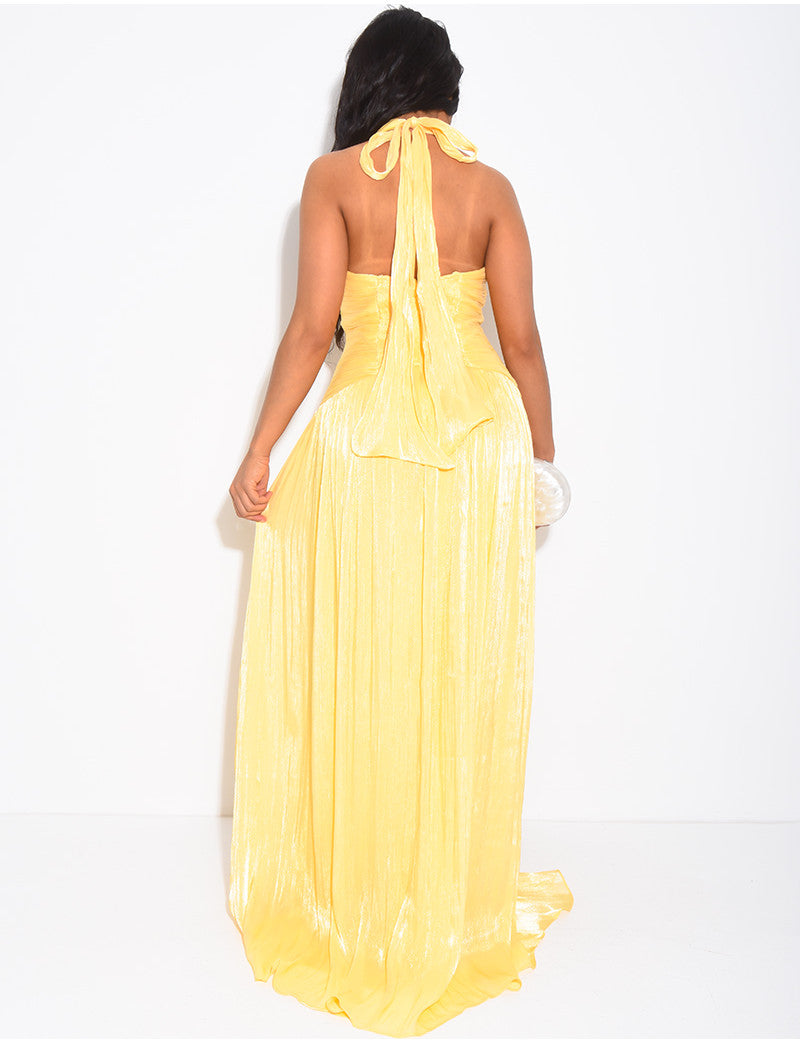 Robe longue dos nu en satin irisée à fente
