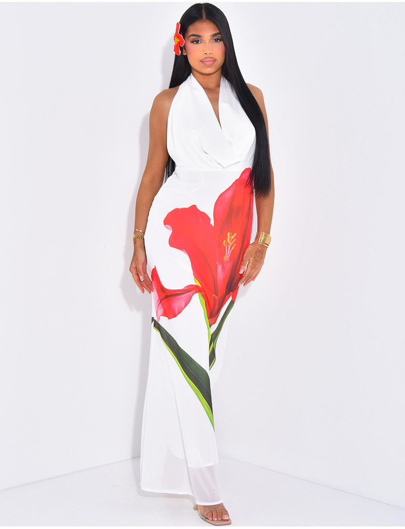 Robe longue dos nu col drapé à motif floral