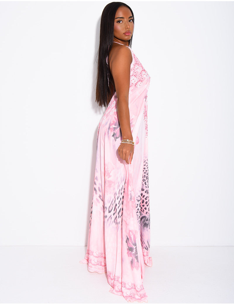 Robe longue dos nu imprimé léopard et perles