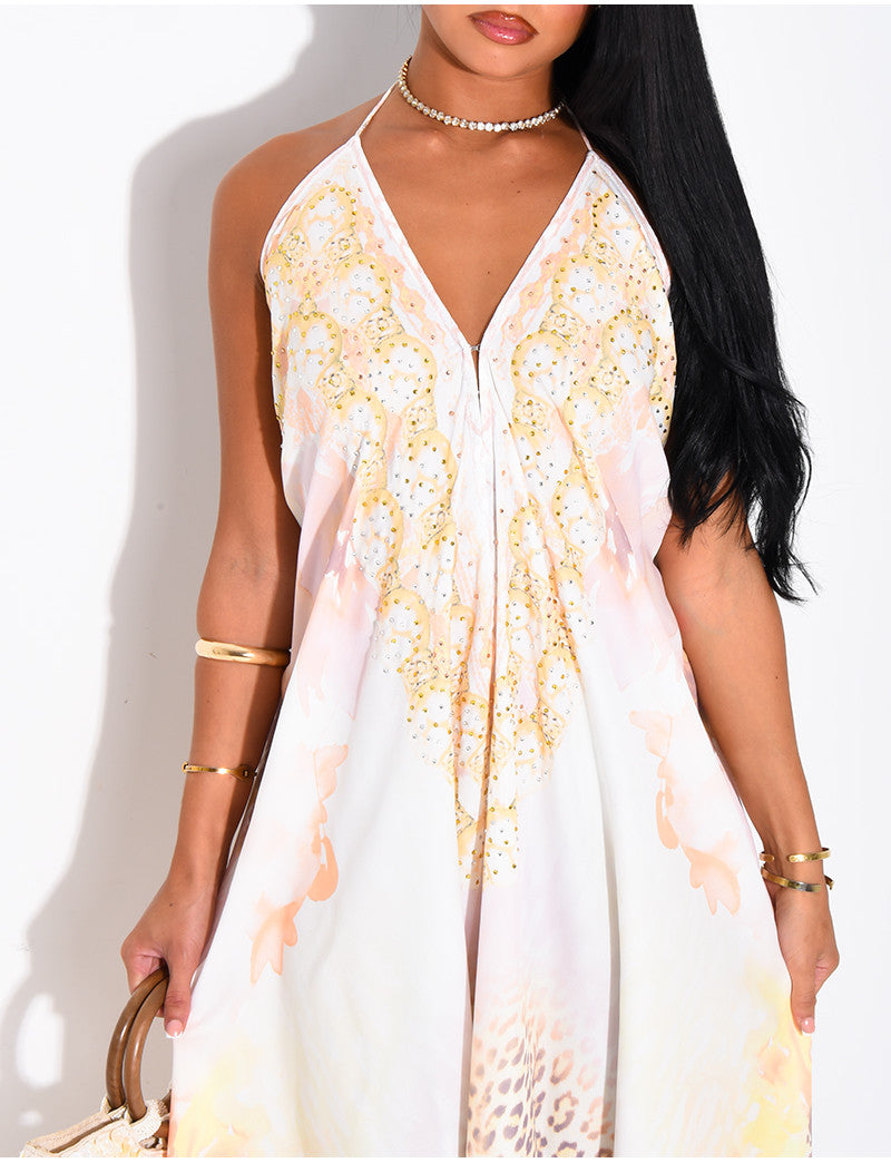 Robe longue dos nu imprimé ornée de strass