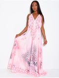 Robe longue dos nu imprimé léopard et perles