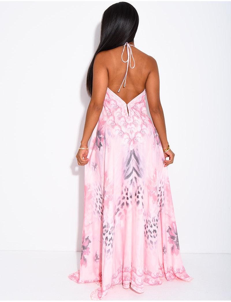 Robe longue dos nu imprimé léopard et perles