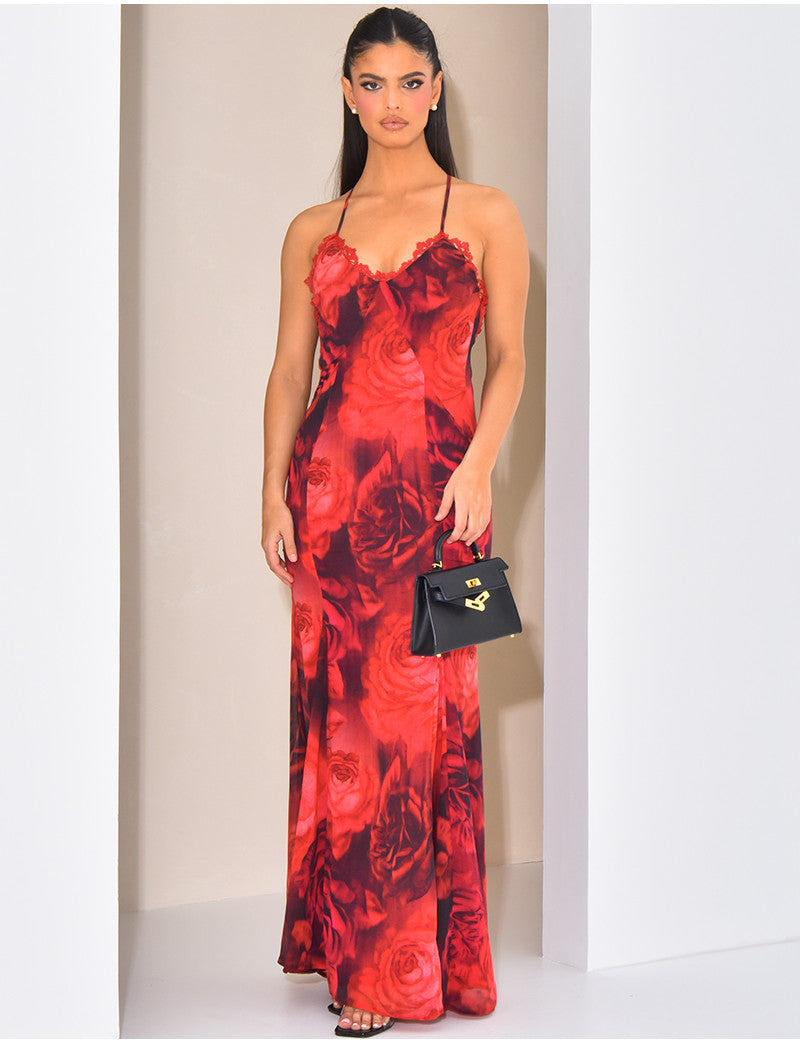 Robe longue en voile imprimé floral à bordures en dentelle