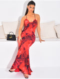 Robe longue en voile imprimé floral à bordures en dentelle