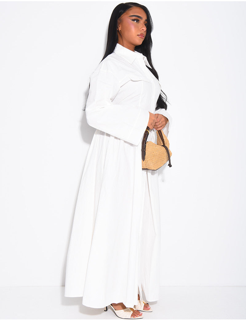 Robe longue en popeline de coton à col chemise effet bouffante