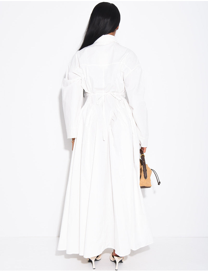 Robe longue en popeline de coton à col chemise effet bouffante