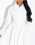 Robe longue en popeline de coton à col chemise effet bouffante