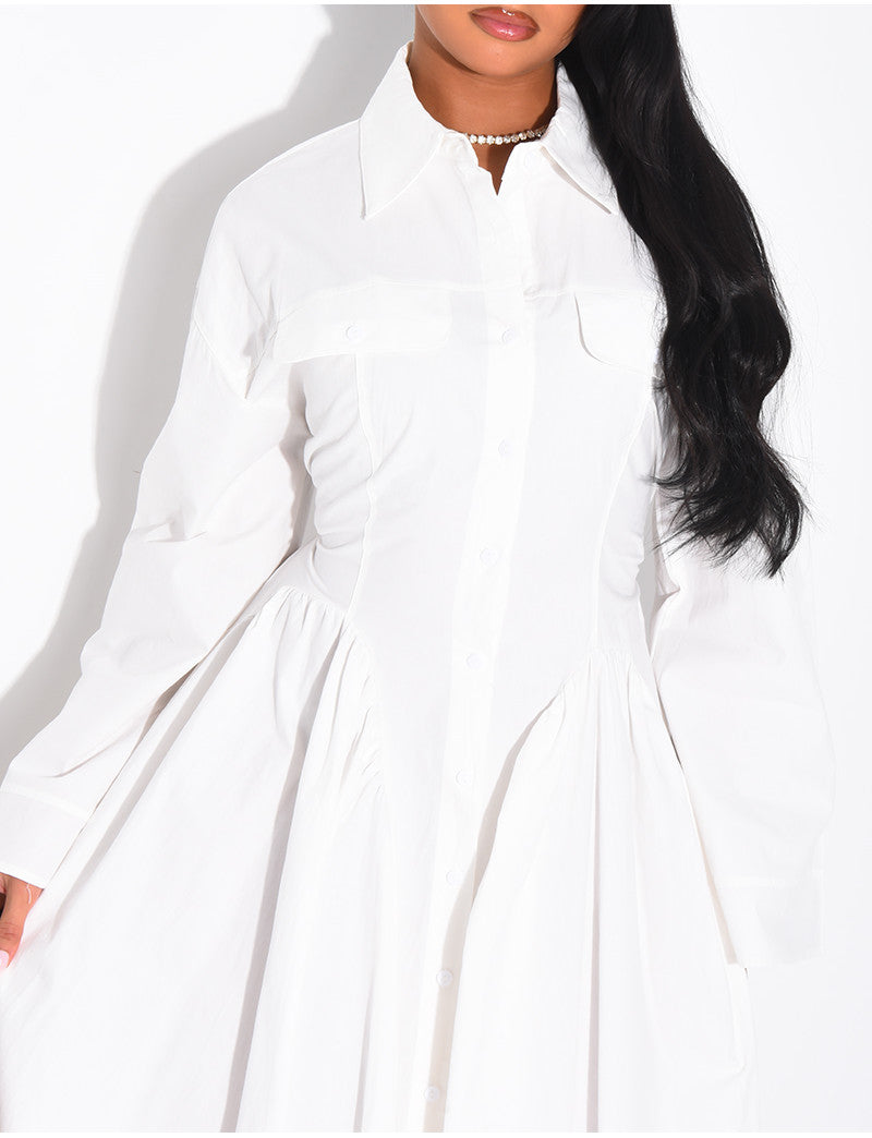 Robe longue en popeline de coton à col chemise effet bouffante