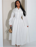 Robe longue en popeline de coton à col chemise effet bouffante