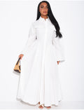 Robe longue en popeline de coton à col chemise effet bouffante