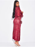 Robe longue et moulante en dentelle col montant