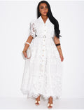 Robe boutonnée en dentelle brodé floral à ceinture