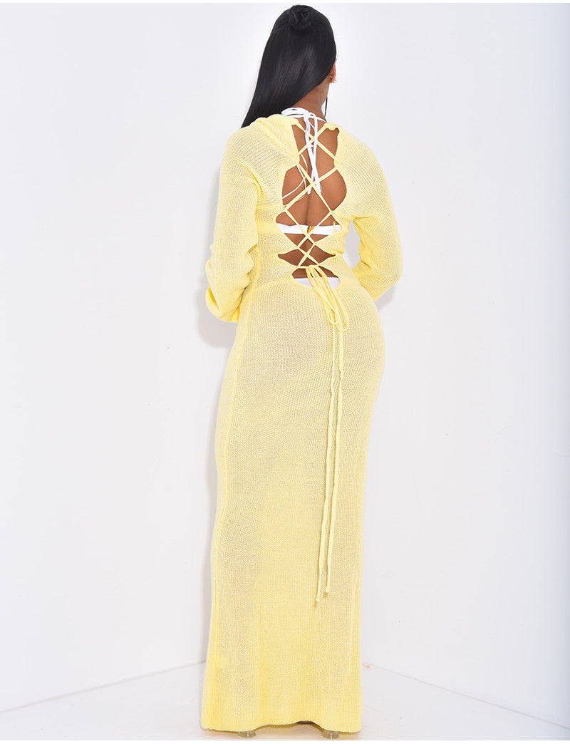 Robe longue de plage en maille à dos ajouré et lacé