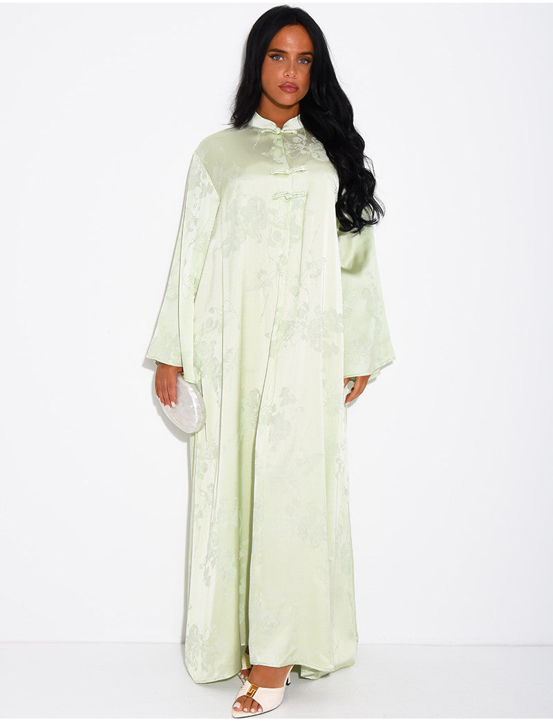 Abaya en satin à motifs en relief et boutons style asiatique