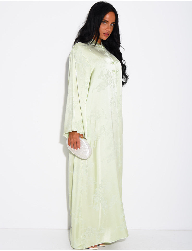 Abaya en satin à motifs en relief et boutons style asiatique
