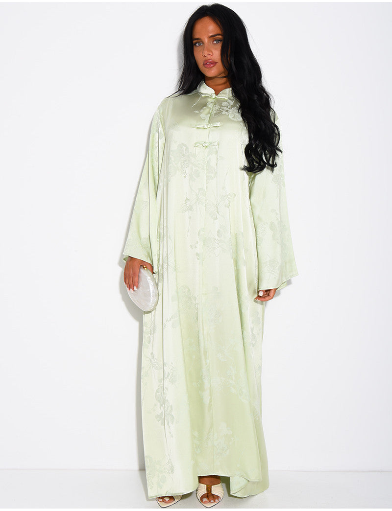 Abaya en satin à motifs en relief et boutons style asiatique