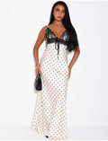 Robe longue en satin à pois et dentelle
