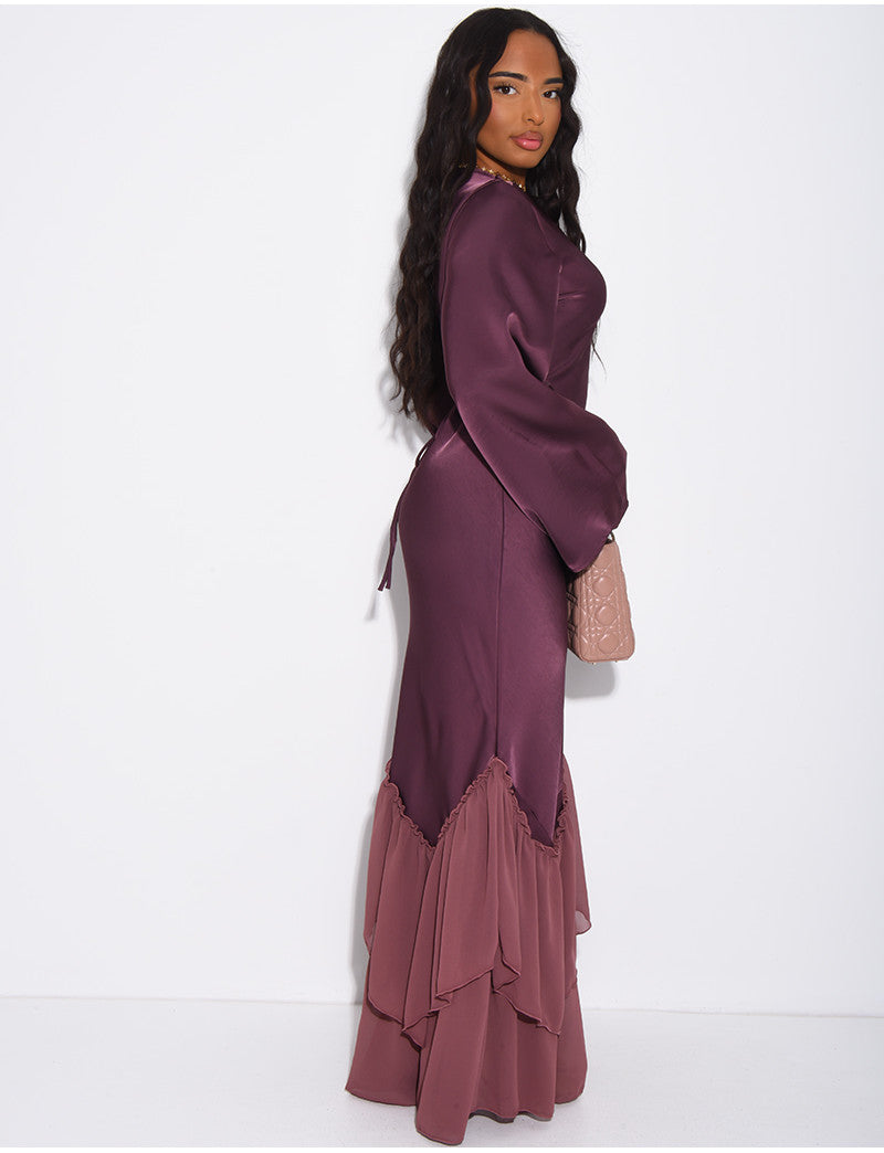 Robe longue en satin premium à volants en voile