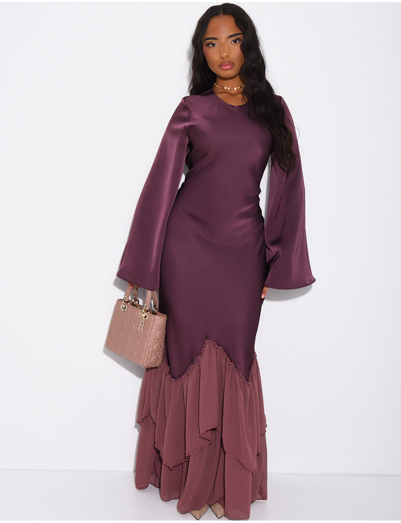 Robe longue en satin premium à volants en voile