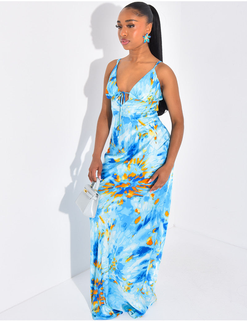 Robe longue en satin imprimé à nouer