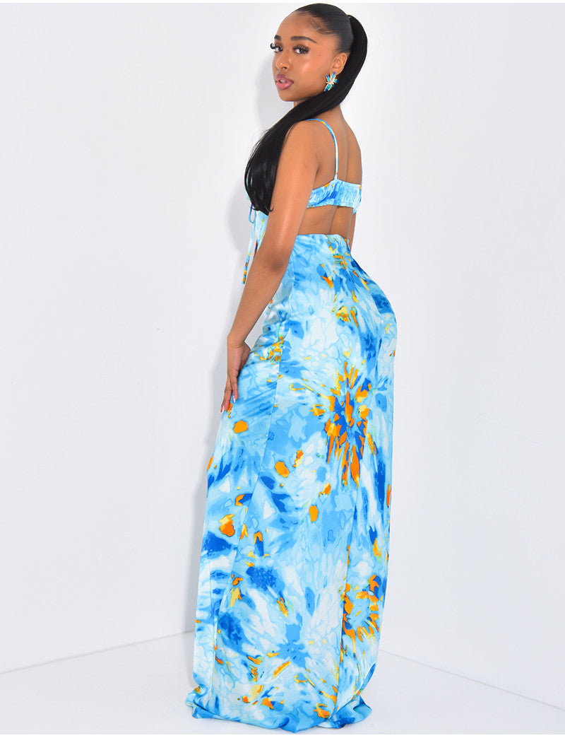 Robe longue en satin imprimé à nouer