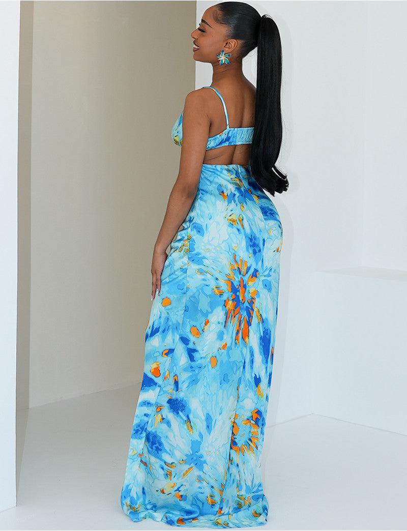 Robe longue en satin imprimé à nouer