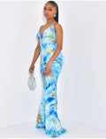 Robe longue en satin imprimé à nouer