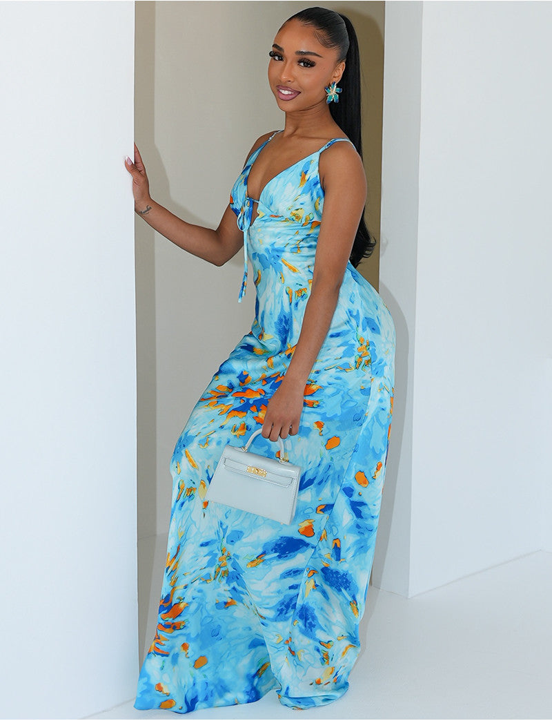 Robe longue en satin imprimé à nouer