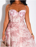 Robe longue corset en voile imprimé avec ceinture