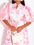 Robe boutonnée en voile imprimé floral à ceinture