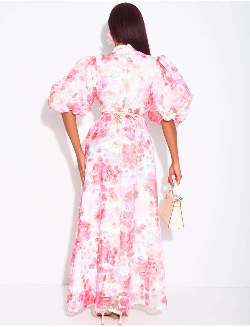 Robe boutonnée en voile imprimé floral à ceinture