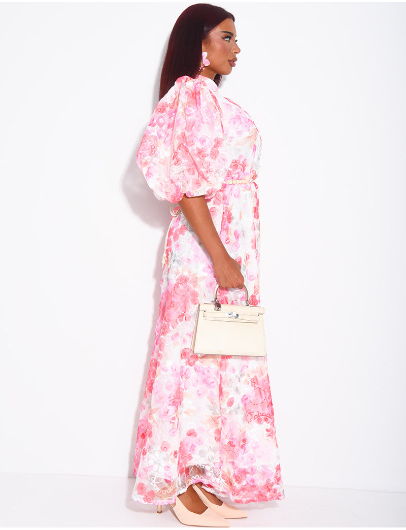 Robe boutonnée en voile imprimé floral à ceinture