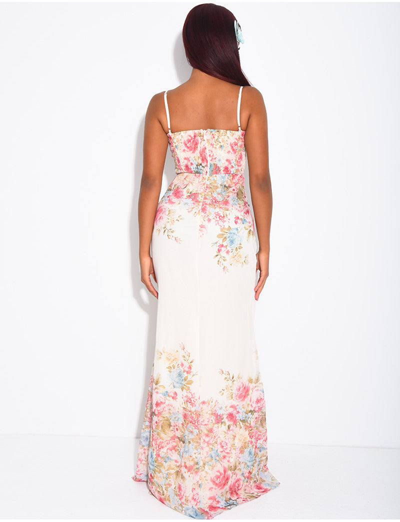 Robe bustier longue imprimé fleurs à fines bretelles