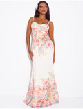 Robe bustier longue imprimé fleurs à fines bretelles
