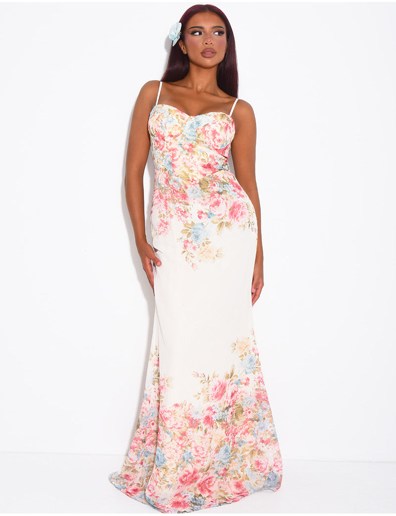 Robe bustier longue imprimé fleurs à fines bretelles