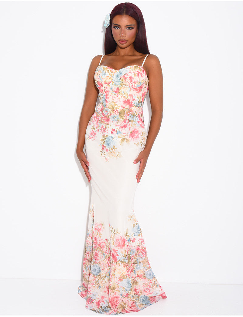 Robe bustier longue imprimé fleurs à fines bretelles