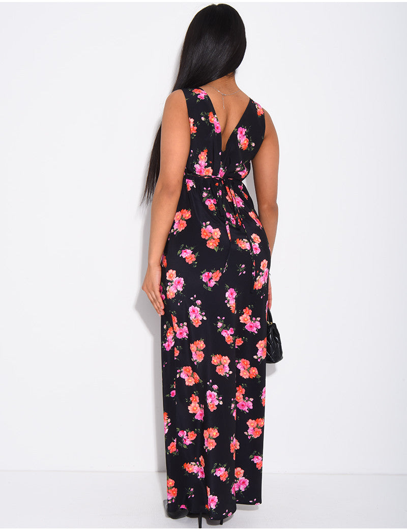 Robe longue col v fluide à motif floral