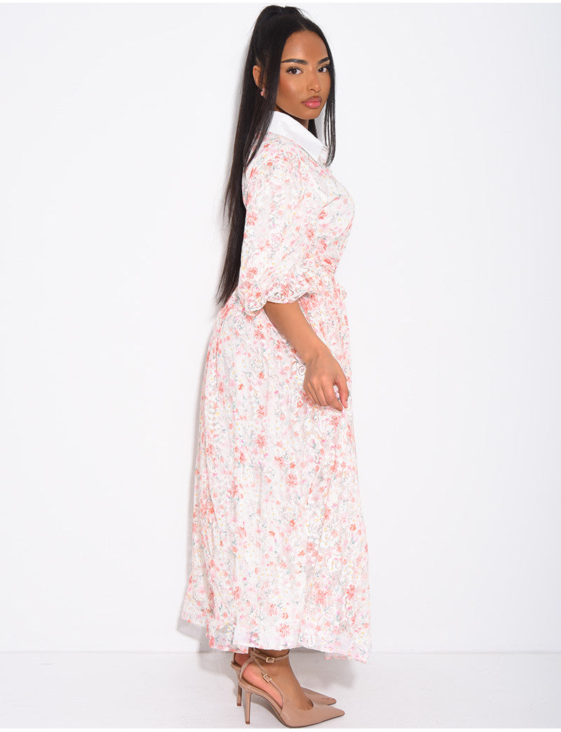 Robe longue en dentelle imprimée à boutons et ceinture assortie