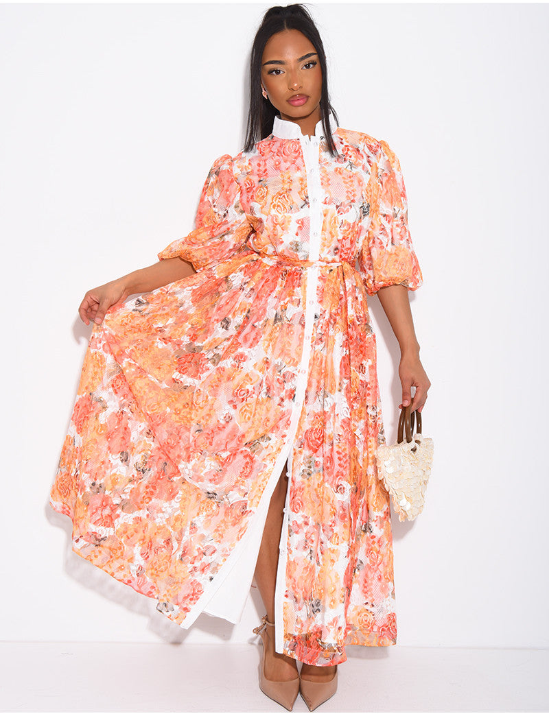 Robe longue en dentelle imprimée à boutons et ceinture assortie