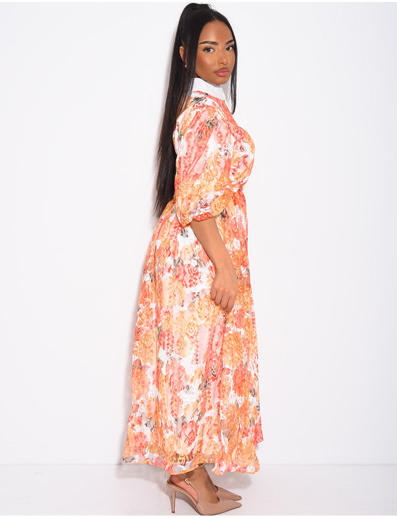 Robe longue en dentelle imprimée à boutons et ceinture assortie