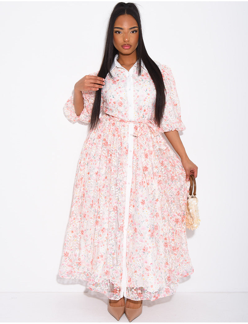 Robe longue en dentelle imprimée à boutons et ceinture assortie