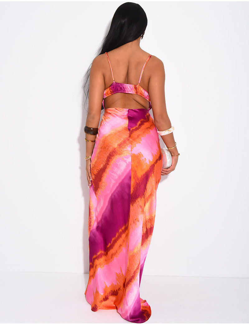 Robe longue en satin imprimé à nouer