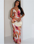 Robe longue en satin imprimé à nouer