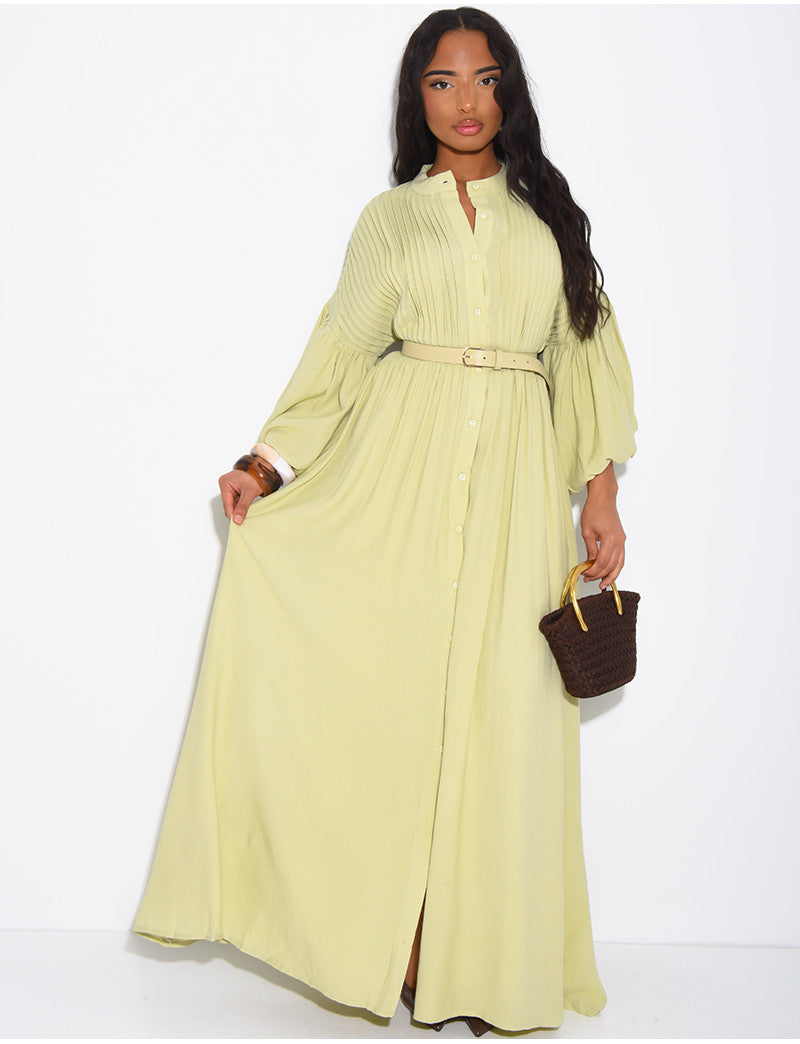 Robe longue en coton plissée et ceinture assortie