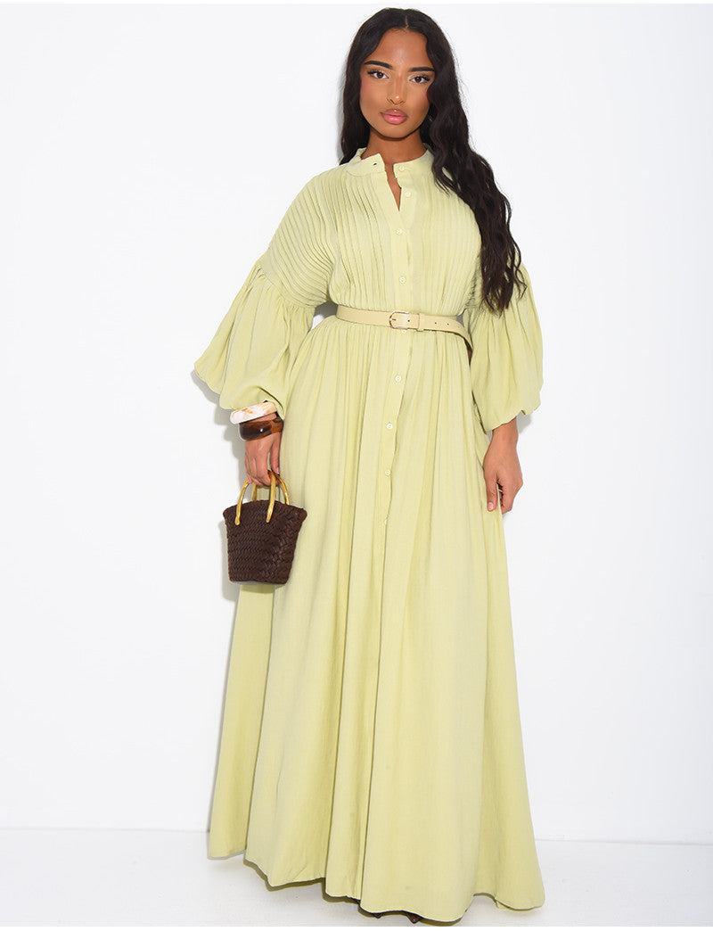 Robe longue en coton plissée et ceinture assortie
