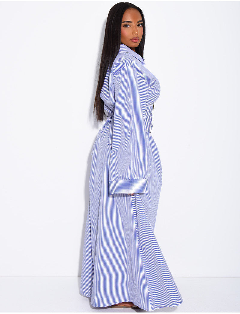 Robe longue rayée col chemise à cintrer